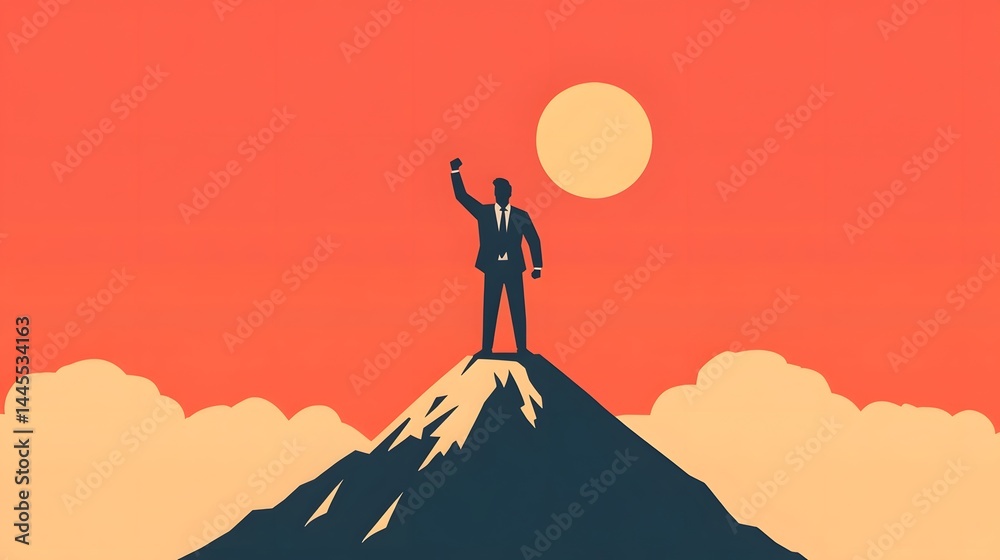 Determined businessman stands atop a mountain, raising a triumphant fist.