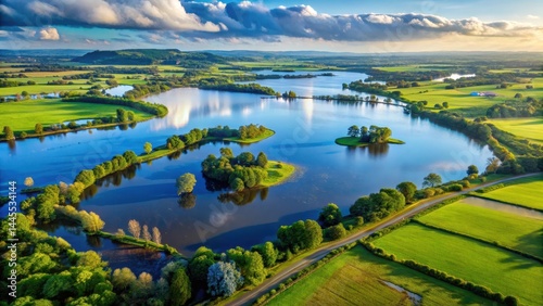 Aerial view of flooded countryside with a serene lake in the background and lush greenery surrounding it, flooded landscape, nature scenery