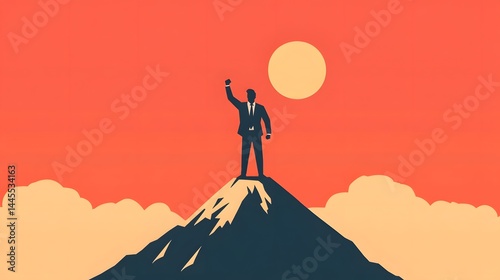 Obraz na płótnie Determined businessman stands atop a mountain, raising a triumphant fist. w salonie