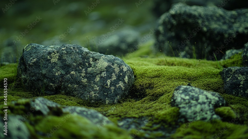 Dark Grey Rocks and Lush Green Moss Closeup Dark Grey Rocks and Lush Green Moss Closeup