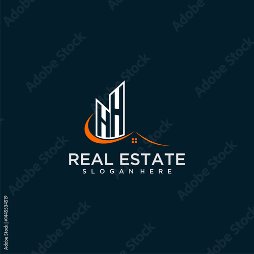 HH initial monogram building and roof logo for real estate with creative circle style design