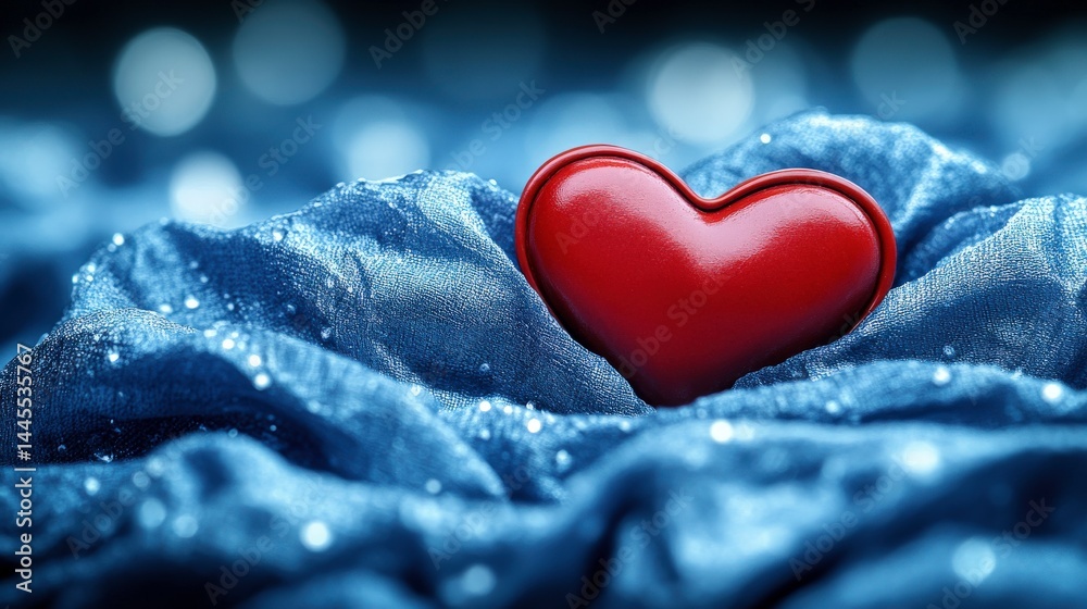Fototapeta premium Heart-shaped decorative item resting on blue fabric with sparkling accents at night creating a romantic atmosphere