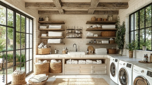A bright and airy laundry room is clean and well organized