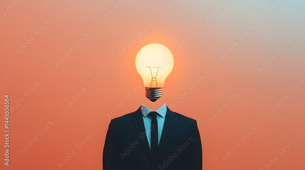Business professional with a glowing lightbulb head, symbolizing innovative solutions.