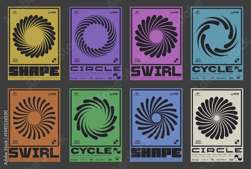 Set Of Circle Sun Shine Abstract Shape Posters. Swiss Design Placard. Brutalist Circular Swirl Forms. Geometric Optical Illusion Round Figure.