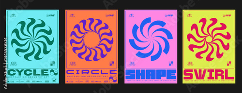 Set Of Circle Sun Shine Abstract Shape Posters. Swiss Design Placard. Brutalist Circular Swirl Forms. Geometric Optical Illusion Round Figure.