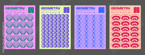 Set of Abstract Y2k Posters Vector Design. Cool Futuristic Placards. Streetwear Surreal Rave Graphic Elements. Brutalist Retro Vintage Pattern.