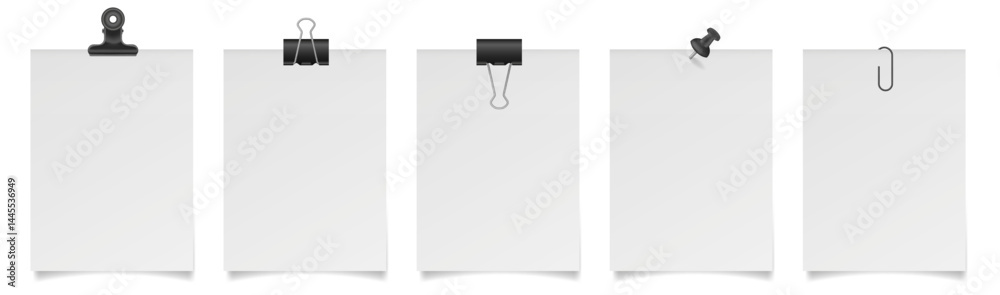 Set of white paper notes with binder clips, bulldog clip, paper clip and push pin. White sheets of paper. Black holders