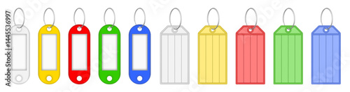 Set of multicolored key tags with split ring and window. White, yellow, red, blue and green labels. Keyring, keychain