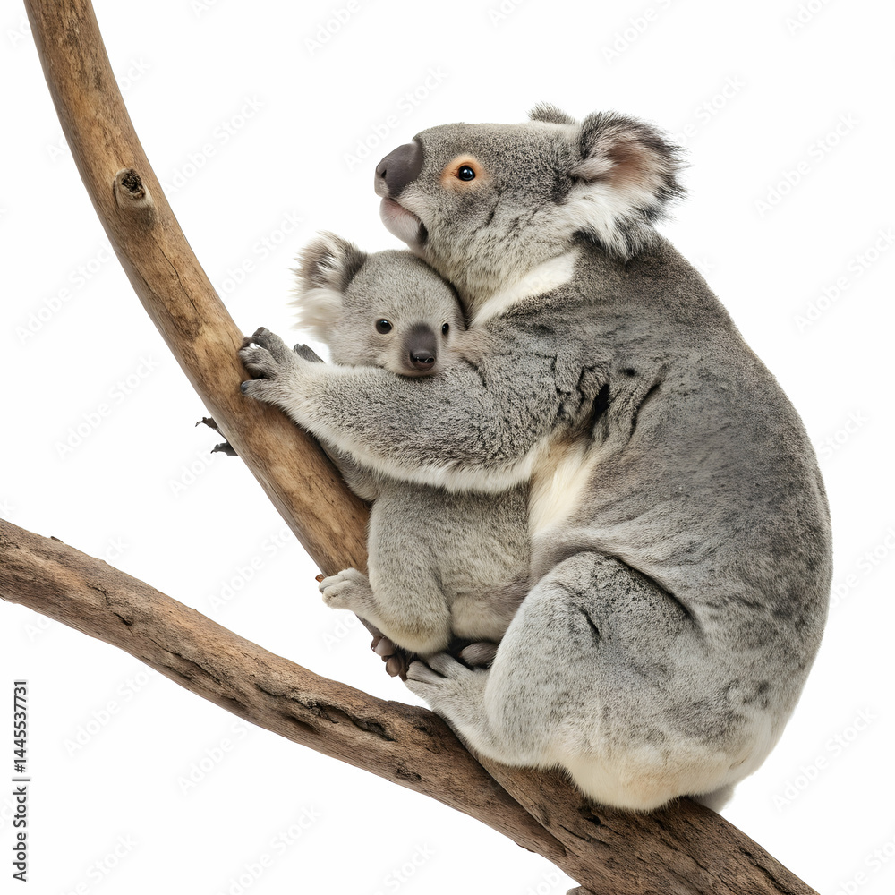 Fototapeta premium Adorable mother koala embracing her baby on a tree branch with a white background