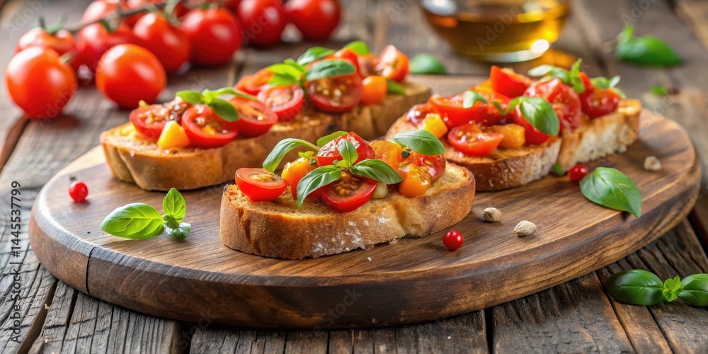 Fresh Bruschetta with Ripe Tomatoes on a Wooden Plank, food arrangement, rustic wooden board
