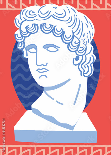 Classical sculpture bust vector illustration in flat style in red blue and white for art and history design