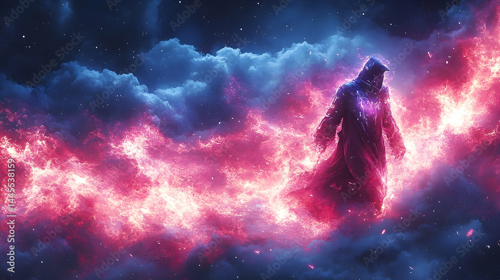 Figure with glowing cloak in abstract clouds Figure with glowing cloak in abstract clouds