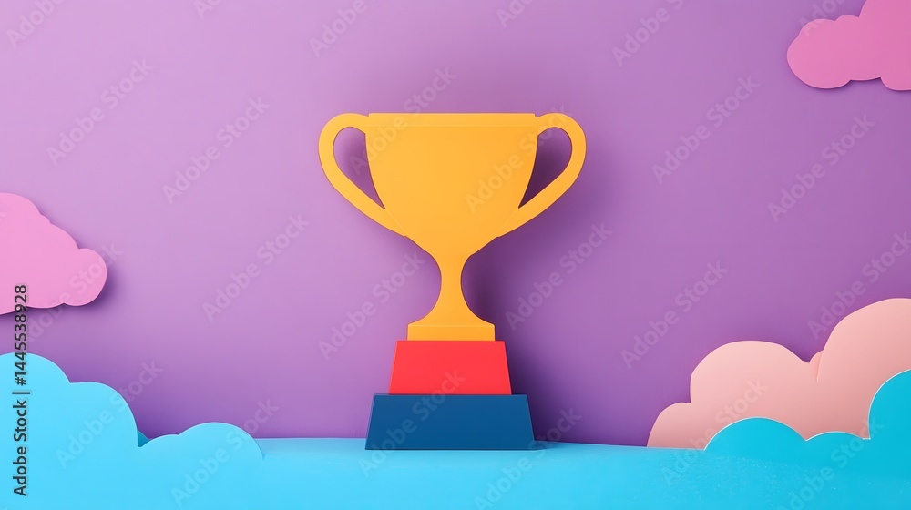 Golden trophy ascending against a purple sky
