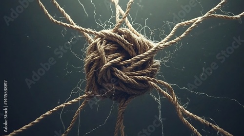Tangled knot of ropes gradually becoming untangled