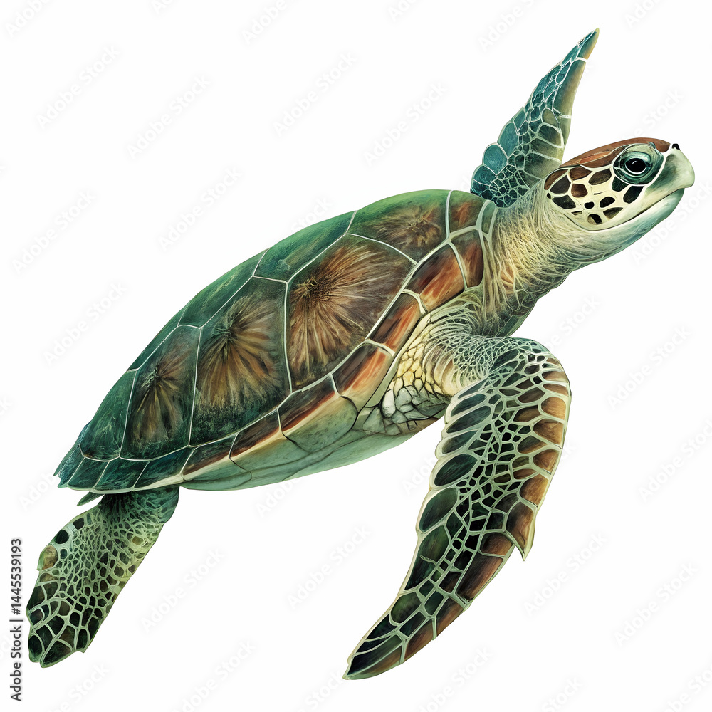 Obraz premium close-up of a sea turtle on white backdrop highlighting its intricate shell patterns