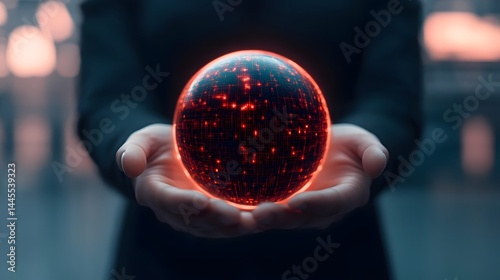 Hands holding a glowing holographic sphere representing an AI-powered global network.