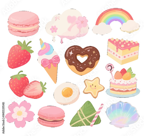 set of cakes and sweets set of sweets rose flower pink style cute fruit cake
