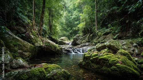 A hidden tropical waterfall flows through the dense rainforest, untouched and serene