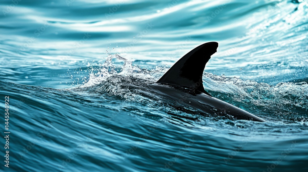 Obraz premium Dark Shark Fin Emerging From Teal Ocean Waves