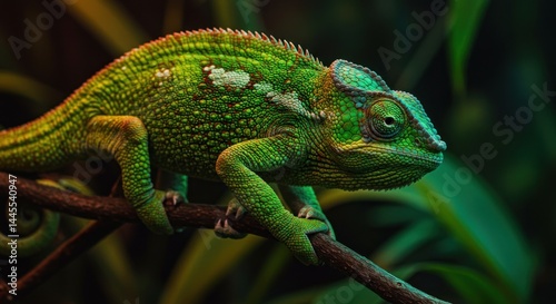 Green Chameleon on Branch - Photo
