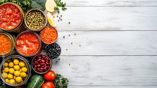 Assorted canned goods and fresh vegetables on white wooden background healthy food concept top peas