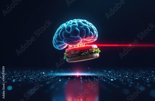 Creative visualization of a brain and a burger in a futuristic, digital environment