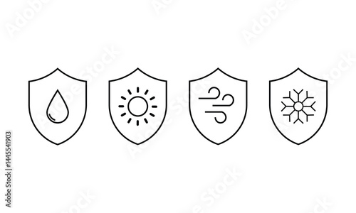 Minimal black line icons of four shields featuring water, sun, wind, and snow symbols, representing protection against weather elements like moisture, heat, air, and cold.
