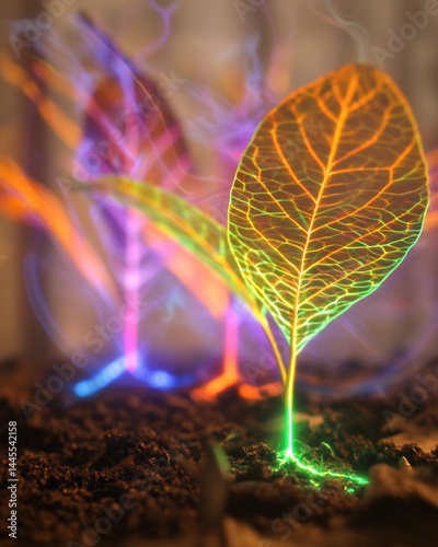 Bioelectricity plants visualized as glowing energy fields between leaves and soil the science of photosynthesis seen in colorful bursts