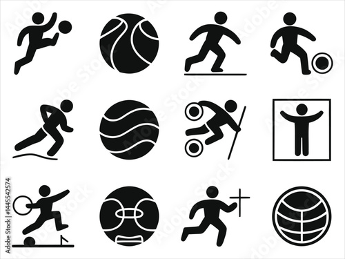 Collection of Simple Black and White Sport and Activity vector Icons/A set of twelve simple, black-and-white icons representing various sports and activities..