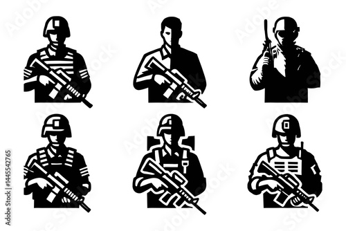 Set of Soldiers with Rifles in Black and White Silhouette