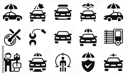 Vector of Black and White Car Protection and Maintenance Icons/This vector showcases a set of black and white icons related to car protection and maintenance.