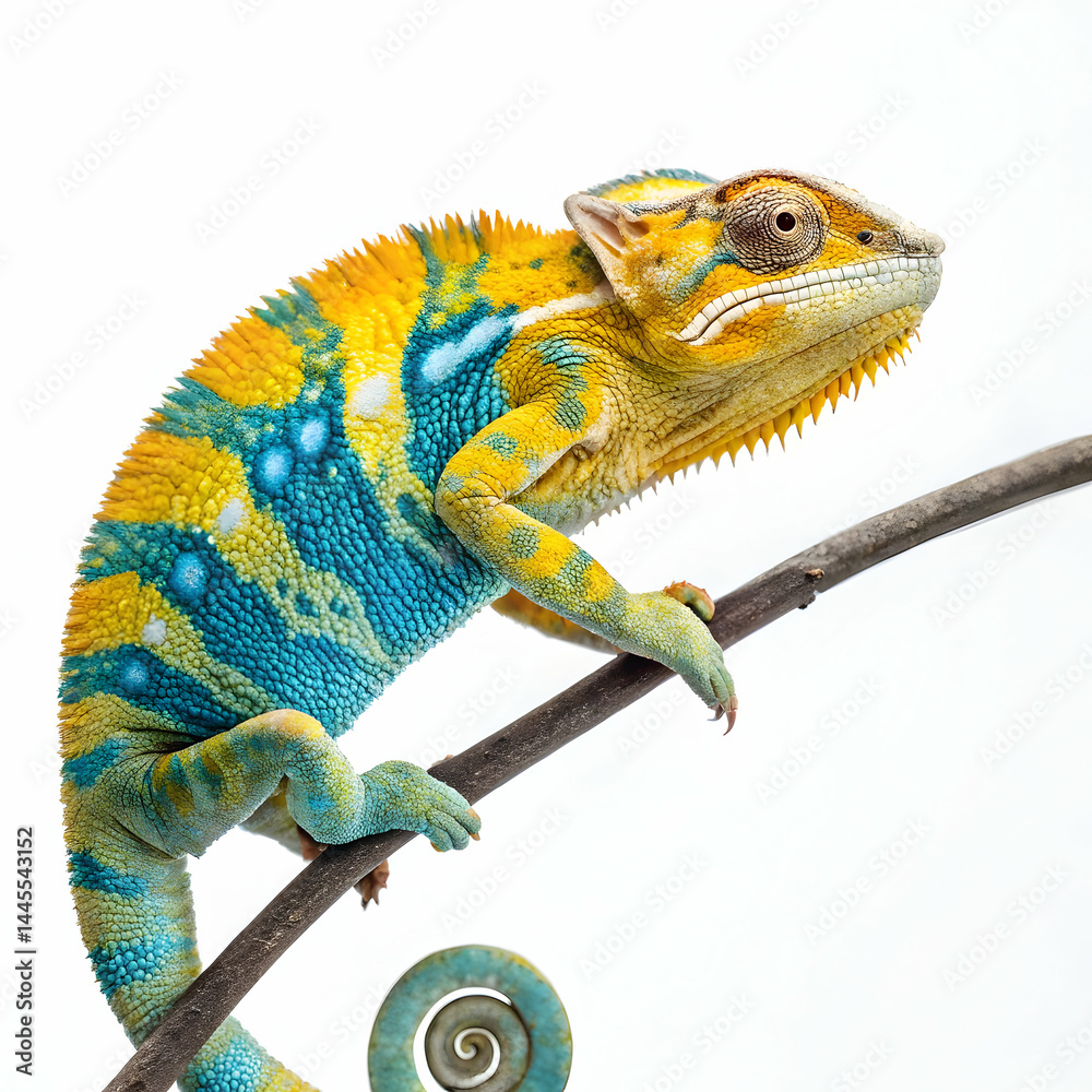 Obraz premium colorful panther chameleon with striking yellow and blue scales isolated on clean white background