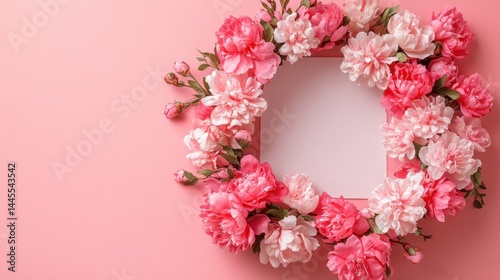 A wreath made of pink peonies on a pink background.