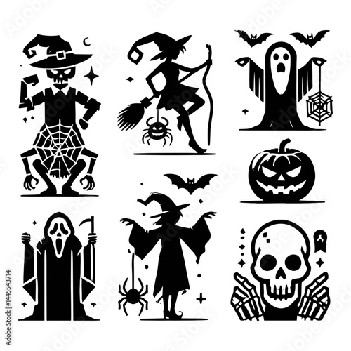 Spooky Halloween Icons and Symbols in Monochrome