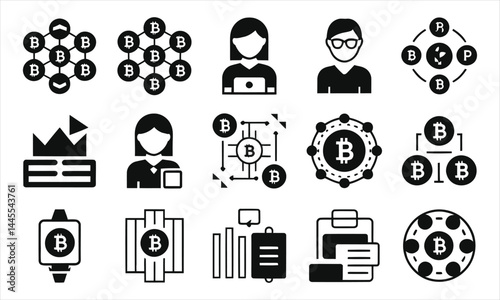 Collection of Bitcoin-related icons for financial technology/This vector  displays a set of black and white icons, all related to Bitcoin and financial technology..