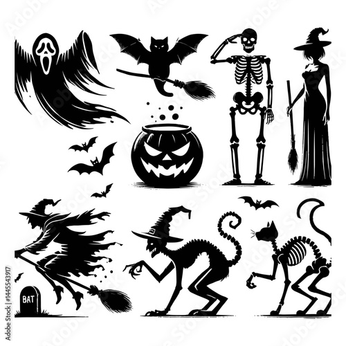 Spooky Halloween Icons and Symbols in Monochrome