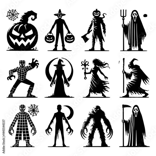 Spooky Halloween Icons and Symbols in Monochrome