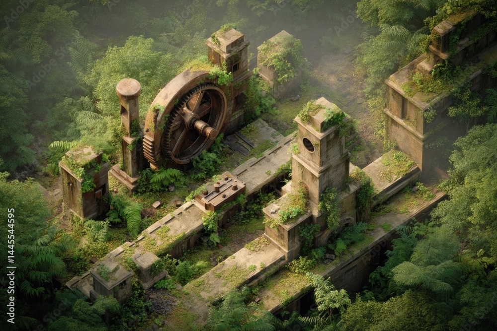 Overgrown Industrial Machinery in Dense Forest Isometric Surreal Scene