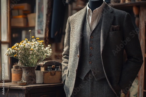 Elegant tweed three piece suit displayed with wildflowers soft lighting rustic background vintage photo