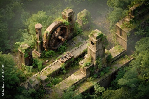 Obraz na płótnie Overgrown Industrial Machinery in Dense Forest Isometric Surreal Scene w salonie