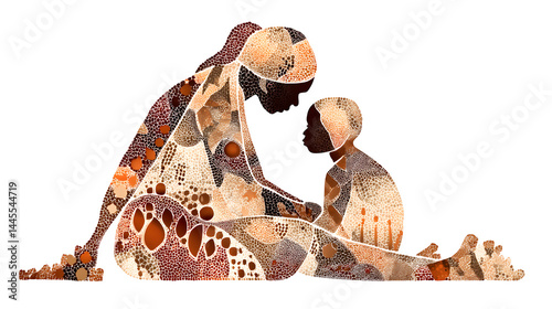 An Australian Aboriginal mother and child storytelling with dot-painted symbols, earthy ochre tones, isolated on white background