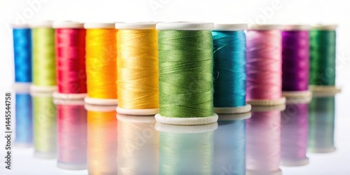 Close-up shot of colorful thread spools against a plain white background, with slight reflections on the surface , needlework photo