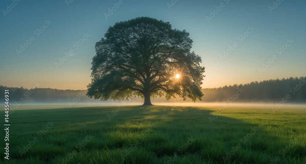 A lone tree stands silhouetted against the rising sun in a misty green field. A lone tree stands silhouetted against the rising sun in a misty green field.