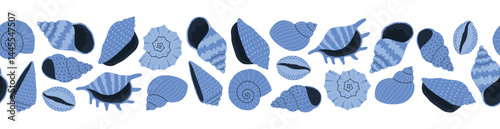 Seamless border of hand drawn blue seashells. Background for print, greeting card, textile, wallpaper . Vector illustration