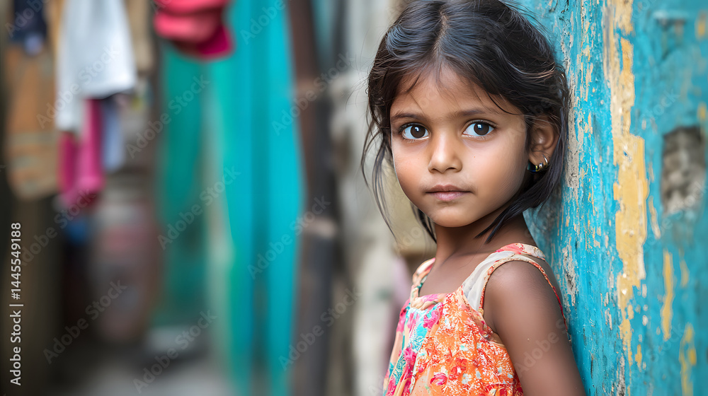 Fototapeta premium Girl's Gaze in Colorful Surroundings: A young girl gazes intently at the camera, her expressive eyes drawing the viewer into a world of innocent curiosity and resilience.