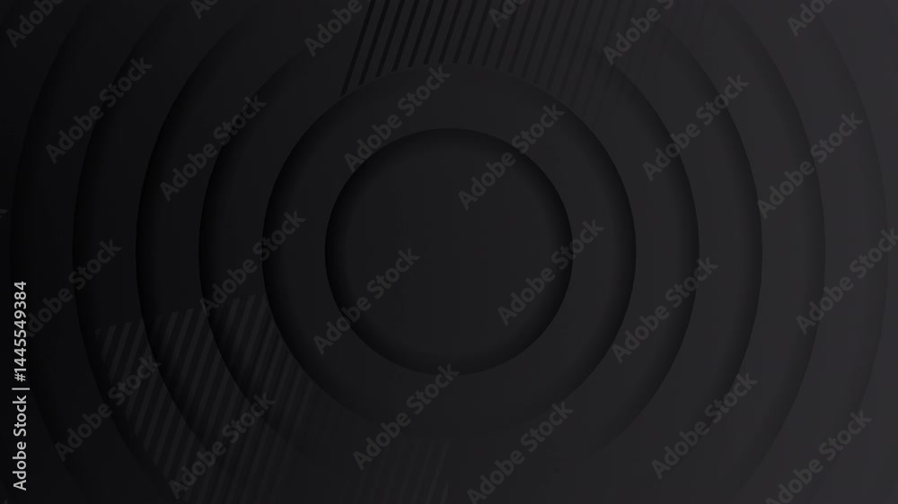 4k black grey animated circles pattern. Modern business animation with diagonal stripes. Seamless loop background soft shadow. HUD frame. Male style carbon textured. Urban dark 3d rings round gradient