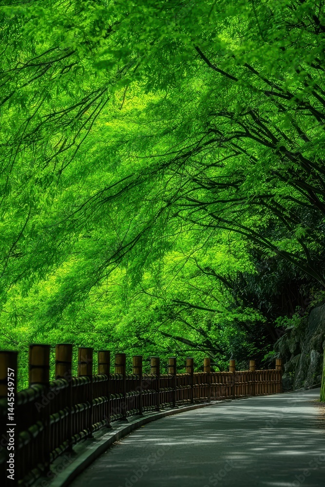 Fototapeta premium A scenic pathway shaded by lush green trees, creating a tranquil and vibrant nature atmosphere.