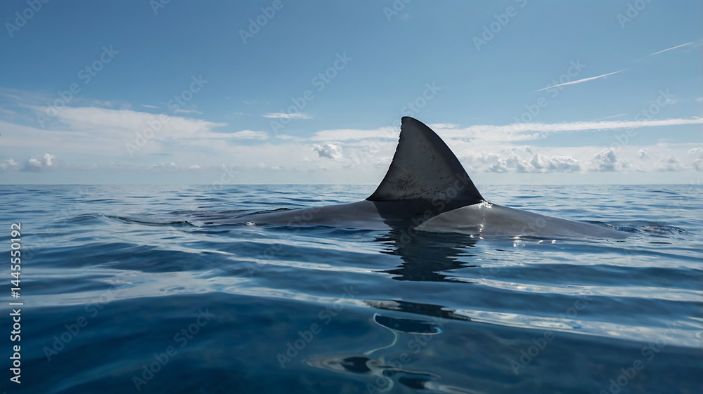 Fototapeta premium A dark gray dorsal fin breaks the blue sea surface. The presence of these distinctive fins creates a sense of mystery and potential danger hidden beneath the waves