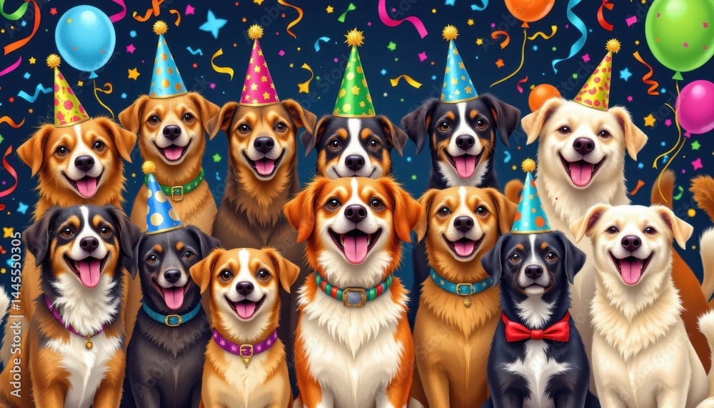 an illustration featuring a diverse group of happy dogs, of various breeds, sizes, and colors, dressed in festive hats and holding party horns or balloons an illustration featuring a diverse group of happy dogs, of various breeds, sizes, and colors, dressed in festive hats and holding party horns or balloons